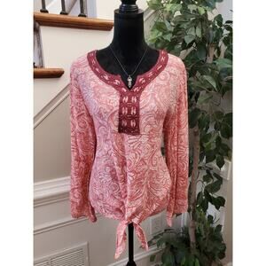 New Directions Women Pink Paisley Long Sleeve Round Neck Top Blouse Size XL